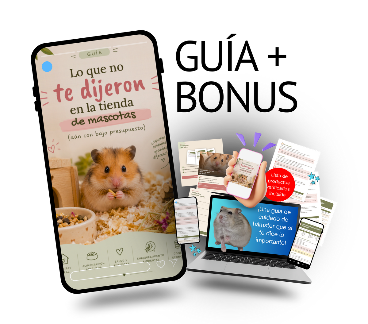La guía completa de cuidados para tu hámster + BONUS, PDF, descarga inmediata, acceso de por vida
