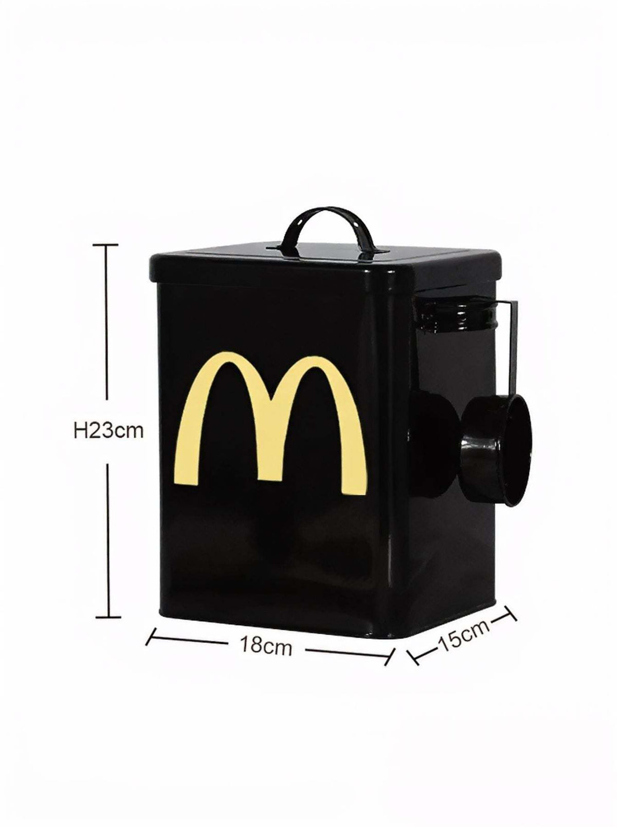 Red airtight pet food storage container with scoop and yellow logo