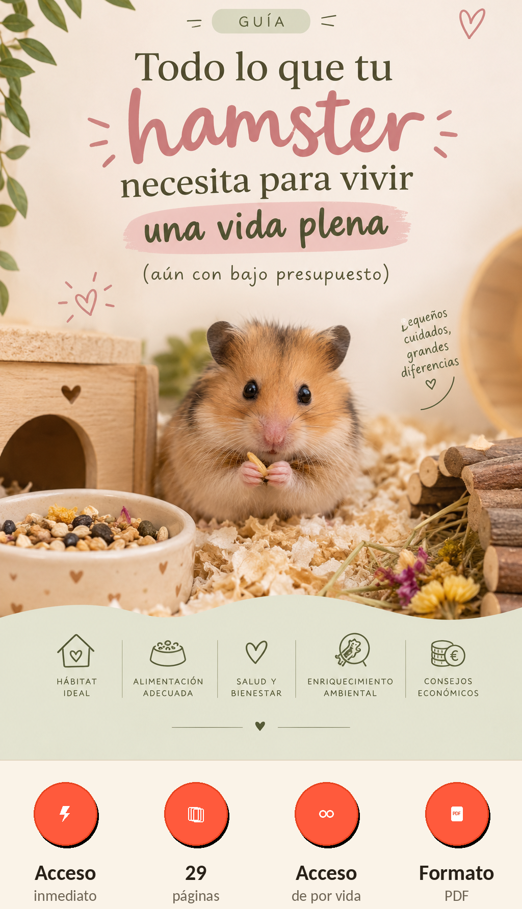 La guía completa de cuidados para tu hamster, PDF, descarga inmediata, acceso de por vida