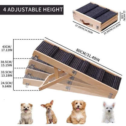 70cm/100cm Dog Ladder Solid Wooden Dog Ramp Adjustable Non-slip Safety Carpet Ladder Pets Surface Access Stair for Couch/Bed/Car