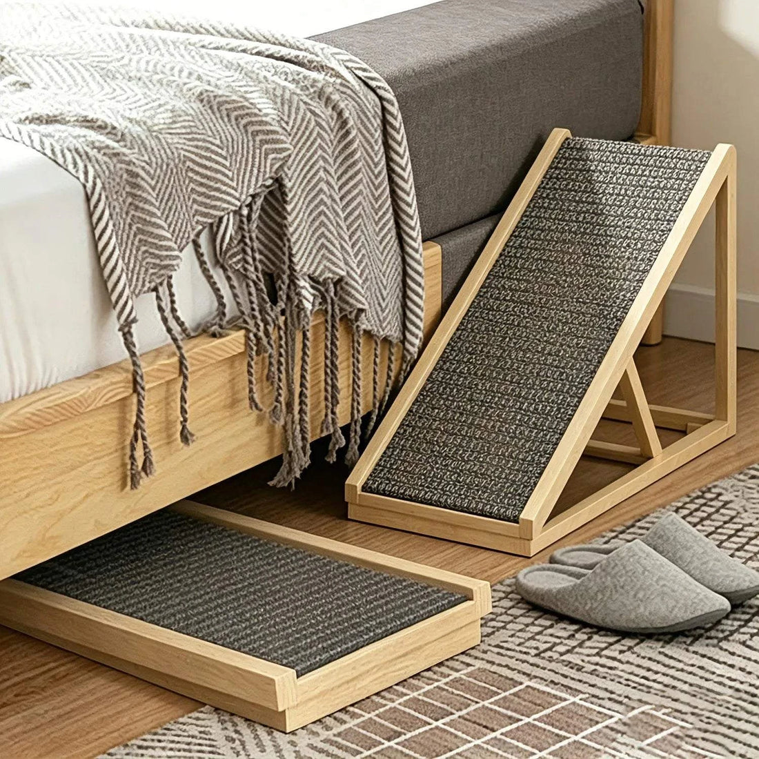 70cm/100cm Dog Ladder Solid Wooden Dog Ramp Adjustable Non-slip Safety Carpet Ladder Pets Surface Access Stair for Couch/Bed/Car