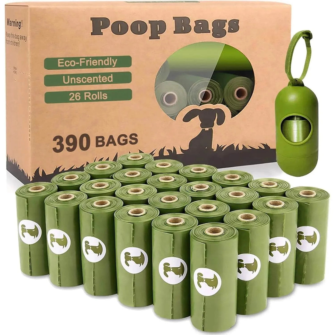 Dog bag 26 rolls, 390 bags, with 1 dispenser, dog waste bag, biodegradable, pet bag, dog poop bag, eco-friendly poops bag, green, for 6 months use, 2 bag per day.
