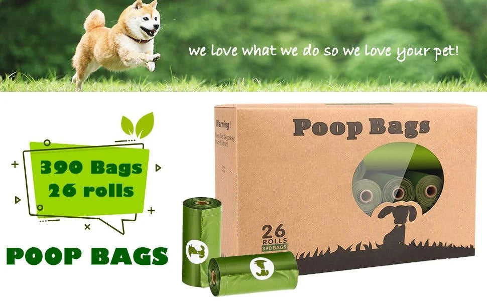 Dog bag 26 rolls, 390 bags, with 1 dispenser, dog waste bag, biodegradable, pet bag, dog poop bag, eco-friendly poops bag, green, for 6 months use, 2 bag per day.