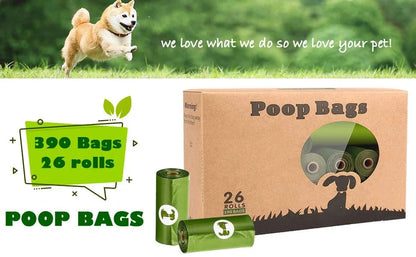 Dog bag 26 rolls, 390 bags, with 1 dispenser, dog waste bag, biodegradable, pet bag, dog poop bag, eco-friendly poops bag, green, for 6 months use, 2 bag per day.