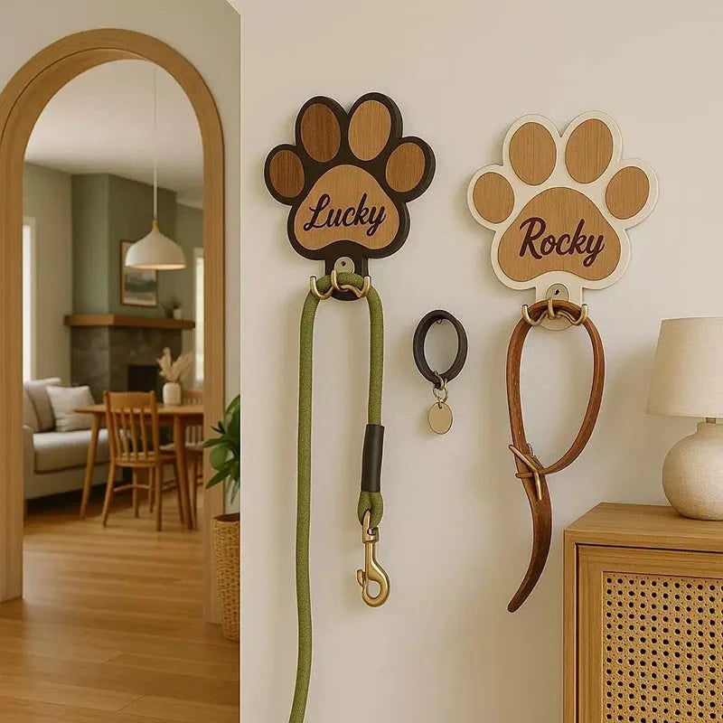 Custom Name Logo Paw Print Wooden Dog Leash Hanger Wall Hook Paw Design Leash Holder For Dog Collars Coats Wall Mount Decor Gift