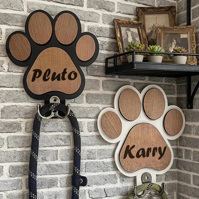 Custom Name Logo Paw Print Wooden Dog Leash Hanger Wall Hook Paw Design Leash Holder For Dog Collars Coats Wall Mount Decor Gift