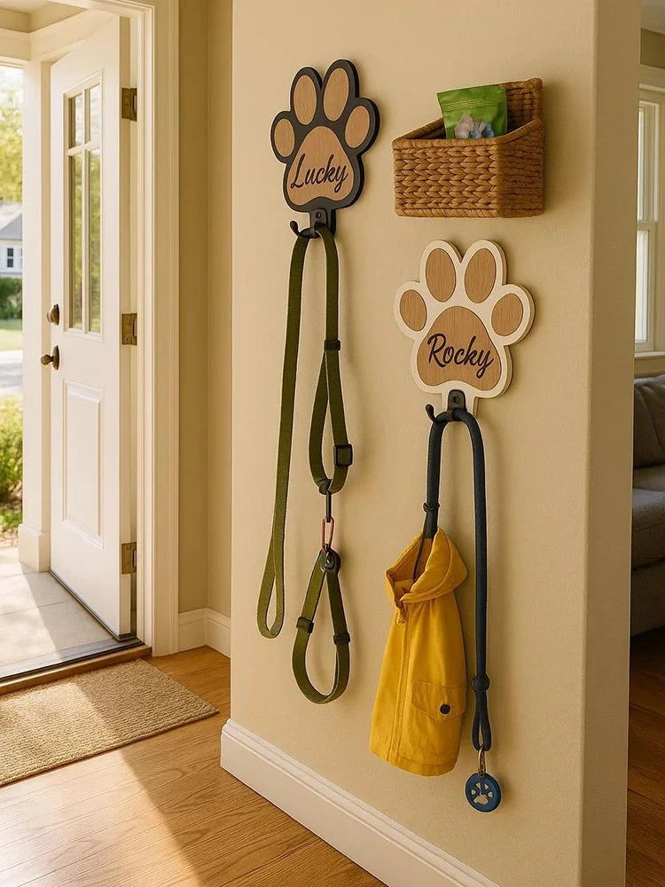 Custom Name Logo Paw Print Wooden Dog Leash Hanger Wall Hook Paw Design Leash Holder For Dog Collars Coats Wall Mount Decor Gift