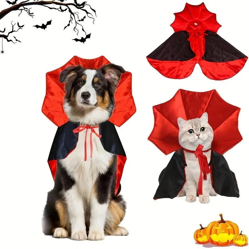 1pc Halloween Pet Cape Costume - Red &amp; Black Vampire, Adjustable Halloween outfit with Tiebacks for Dogs &amp; Cats, All Seasons