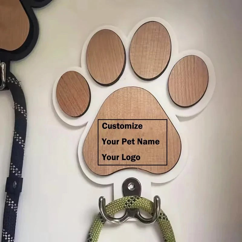 Custom Name Logo Paw Print Wooden Dog Leash Hanger Wall Hook Paw Design Leash Holder For Dog Collars Coats Wall Mount Decor Gift