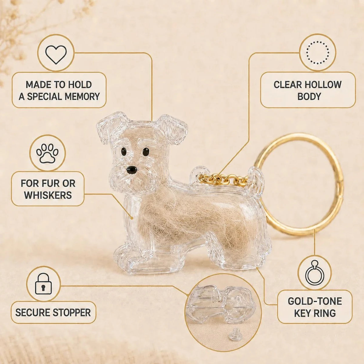 Dog Hair Keychain Pet Fur Keepsake Holder Dog Hair Storage Memorial Pendant for Dogs DIY Backpack Charm Pet Fur Souvenir Gift