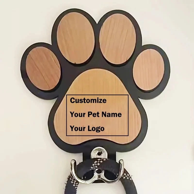 Custom Name Logo Paw Print Wooden Dog Leash Hanger Wall Hook Paw Design Leash Holder For Dog Collars Coats Wall Mount Decor Gift