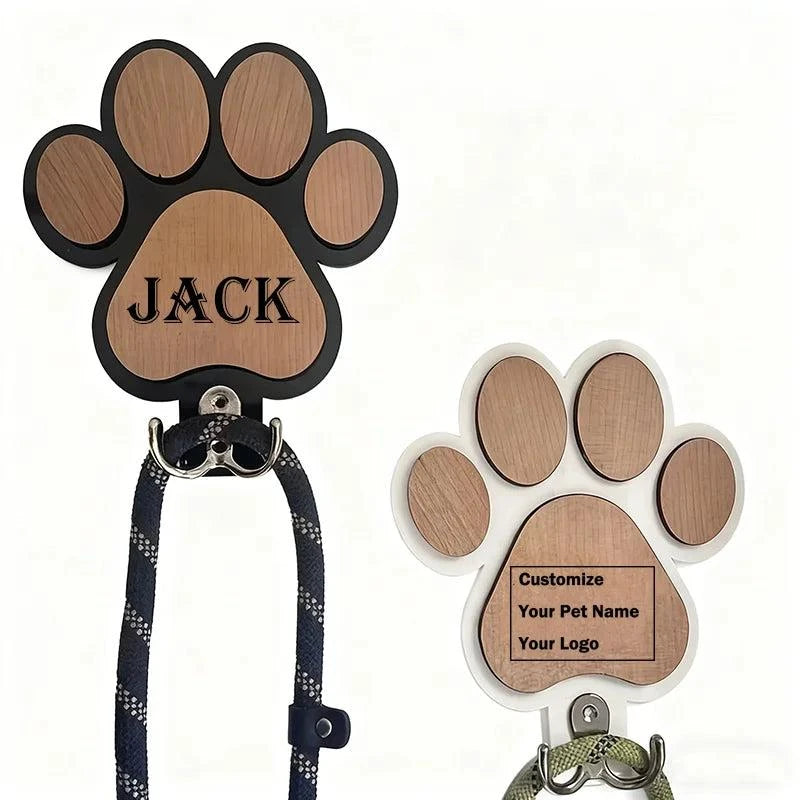 Custom Name Logo Paw Print Wooden Dog Leash Hanger Wall Hook Paw Design Leash Holder For Dog Collars Coats Wall Mount Decor Gift