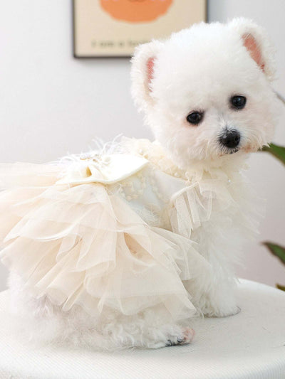 Pet wearing elegant bow tulle ruffle dress for special occasions