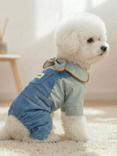 Denim pet jumpsuit with bowknot for casual style