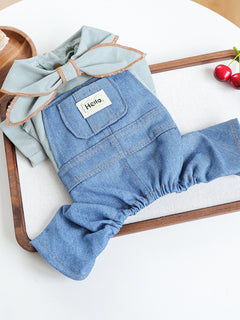 denim pet jumpsuit with bowknot casual style