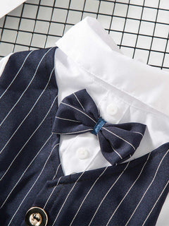 Dog wearing formal striped bow tie blazer outfit