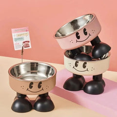 Stainless steel elevated dog bowl with smiling face design