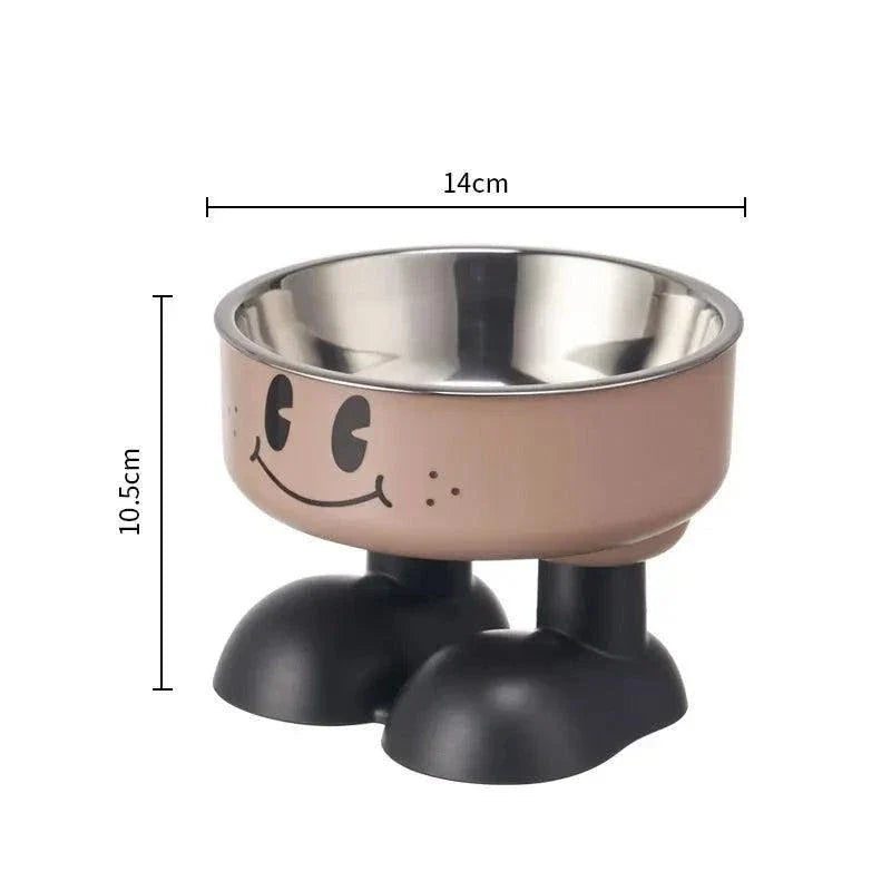 Elevated stainless steel dog bowl with neck-protecting design