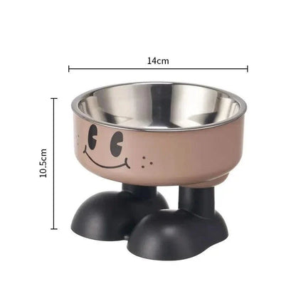 Elevated stainless steel dog bowl with neck-protecting design