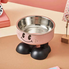 Elevated stainless steel dog bowl with smiling-face design