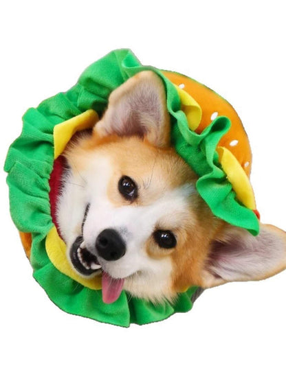 Pet wearing humorous hamburger style headwear costume Hamburger Pet Costume
