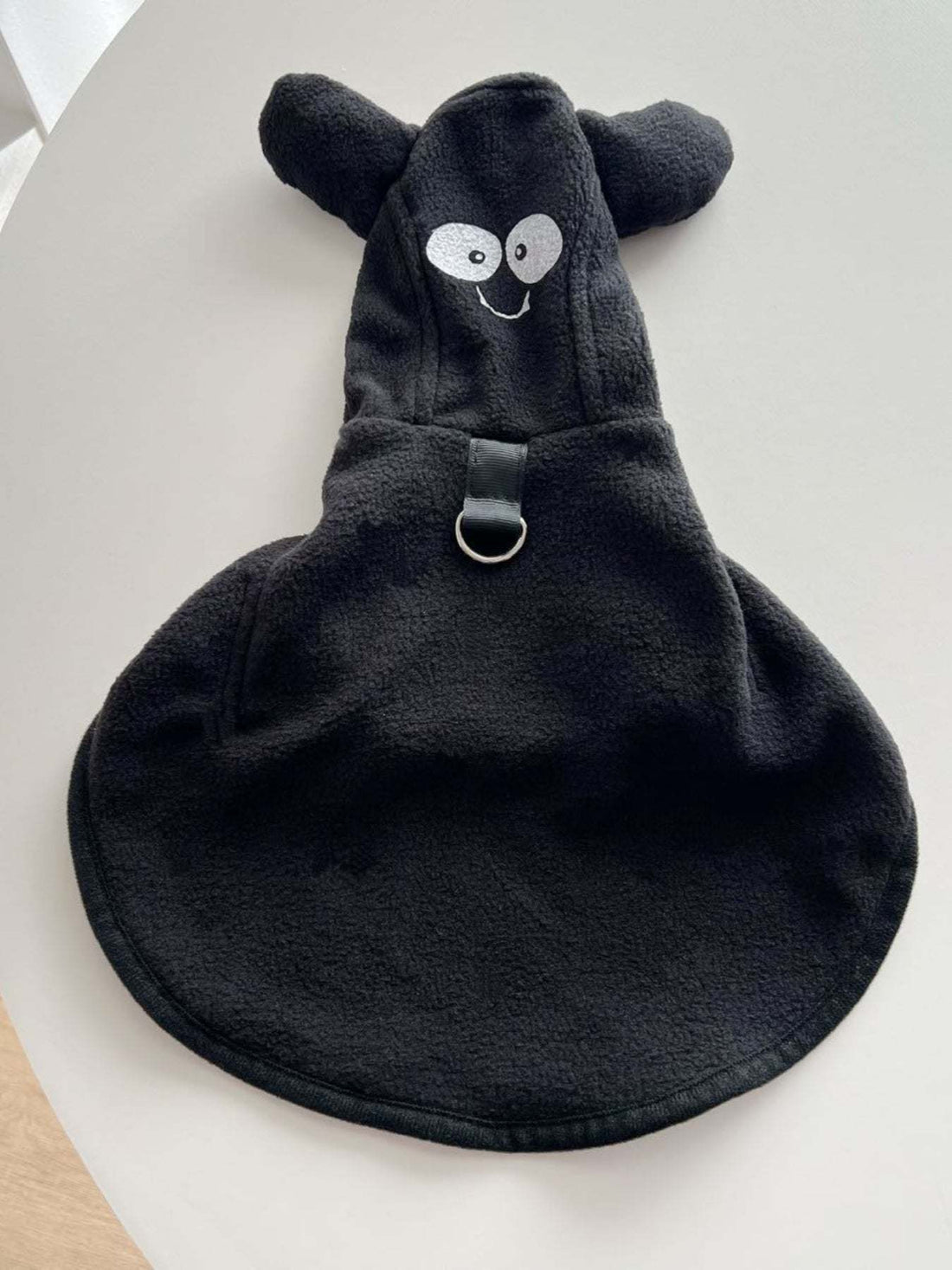 Pet wearing a cozy hooded costume coat for warmth and fun