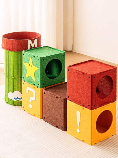 Modular interactive cube cat house and tunnel system for multi-cat enrichment
