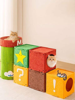 Modular interactive cube cat house with tunnels for multi-cat play