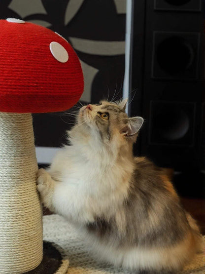 mushroom-shaped cat scratching post in a small corner