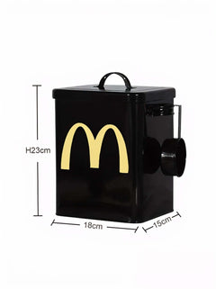 Red airtight pet food storage container with scoop and yellow logo