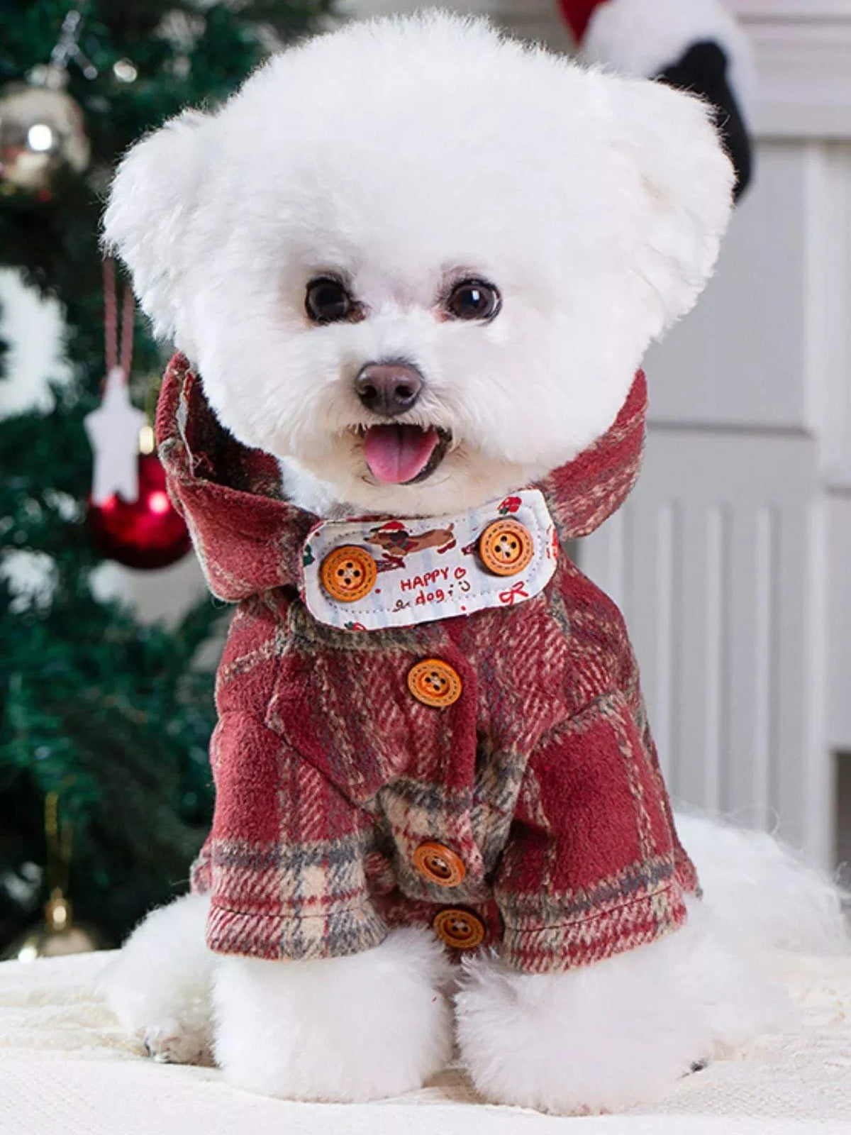 Plaid button-down pet coat with hood for small to large dogs