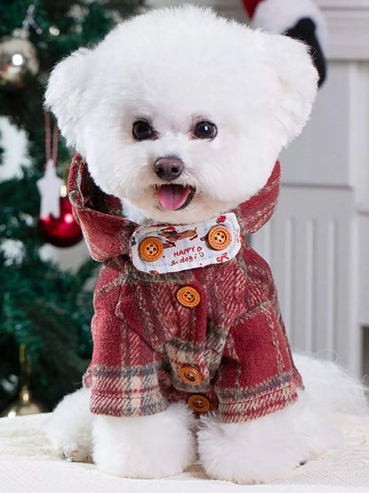 Plaid button-down pet coat with hood for small to large dogs
