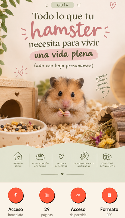 La guía completa de cuidados para tu hamster, PDF, descarga inmediata, acceso de por vida