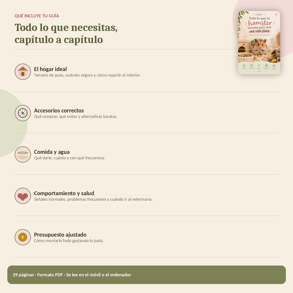 La guía completa de cuidados para tu hamster, PDF, descarga inmediata, acceso de por vida