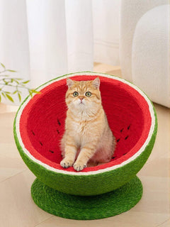 Watermelon-shaped sisal cat scratching post with cozy nest for large cats