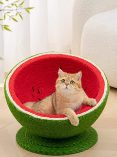 watermelon-shaped sisal cat scratching post with cozy nest