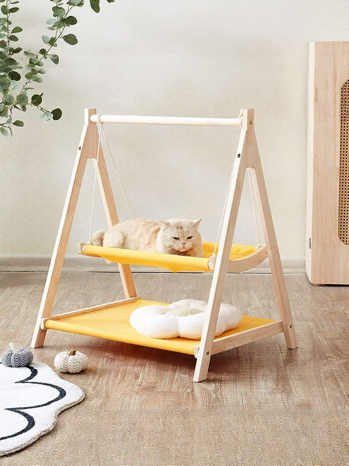 Wooden triangle cat hammock with elevated cozy lounge spot